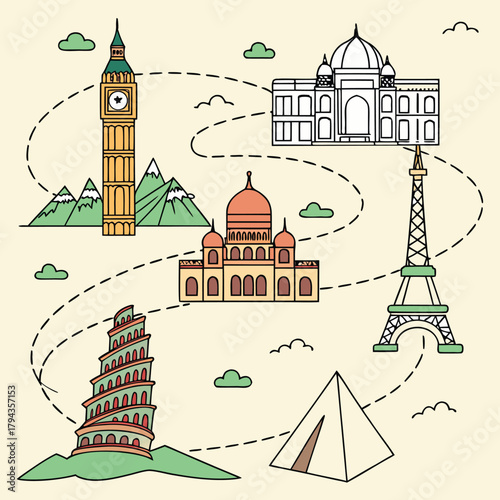 World travel tour line concept with famous culture landmark Tourism journey places countries and cities ancient monuments vector landscap