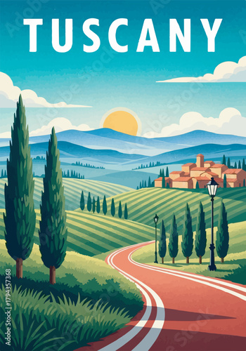 Stylized illustration of classic Tuscany landscape with cypress trees, winding road, hills, and the text TUSCANY.