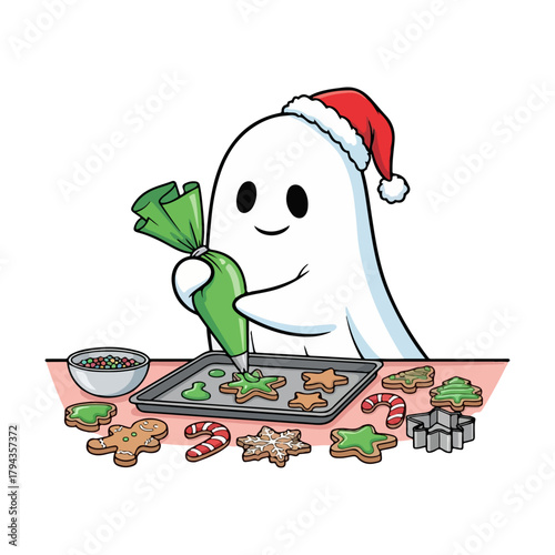 Cute Ghost Baking Christmas Cookies with Icing - Adorable Sticker Art
