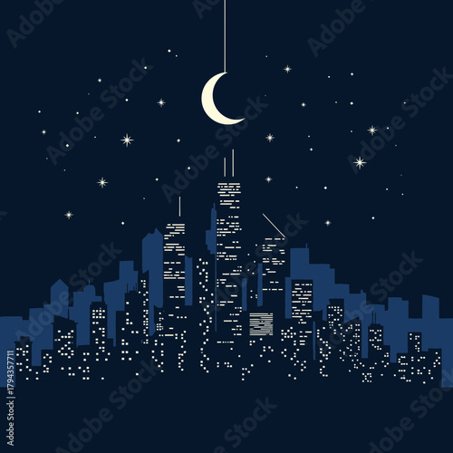 A stylized dark blue cityscape at night with illuminated windows, under a starry sky and a hanging crescent moon.