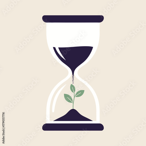 An hourglass with dark sand pouring down, a plant growing from the bottom.