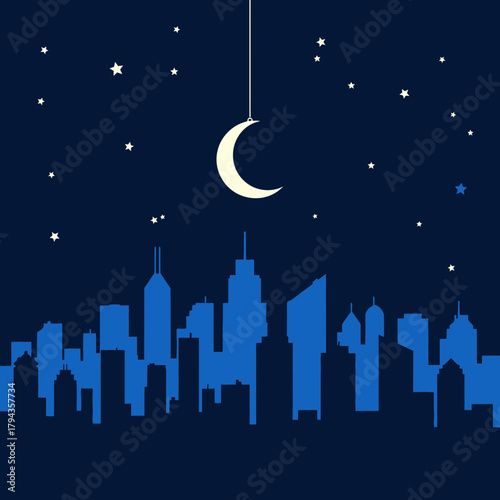 A whimsical illustration of a city skyline at night with a crescent moon hanging from a string amidst the stars.