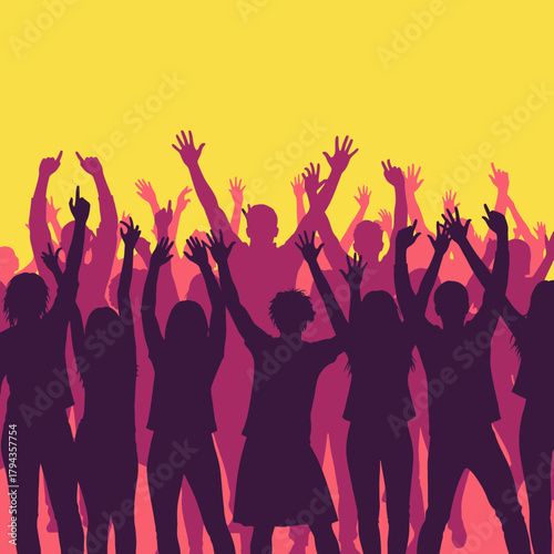 Silhouettes of a large, cheering crowd with hands raised up at a music festival or concert.