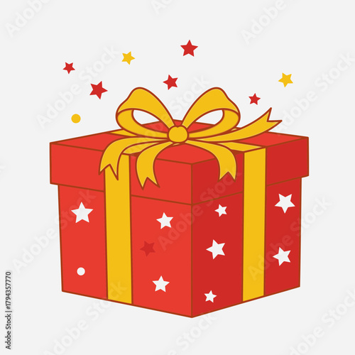 A festive red gift box with a yellow bow and stars, perfect for celebrations and presents.