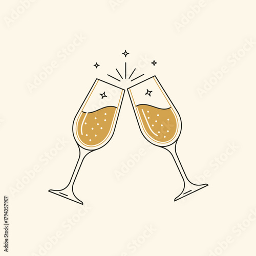 Two champagne glasses clinking together with sparkles, celebrating an event or special occasion.
