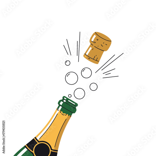 A cartoon illustration of a champagne bottle with its cork popping out, surrounded by celebratory bubbles and lines.