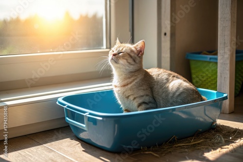 Sunlit Cat Enjoying Warm Spot in Blue Litter Box by the Window