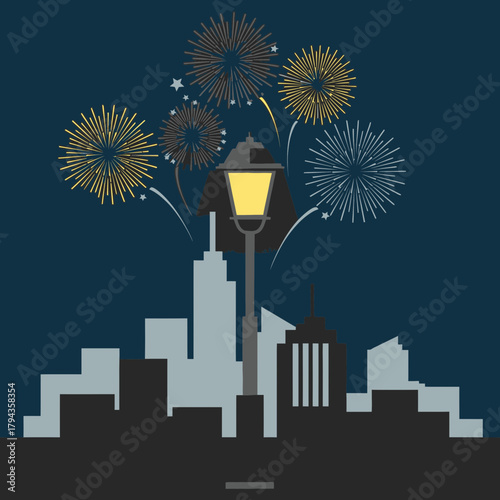 Festive fireworks exploding over a city skyline at night with a glowing lamppost.