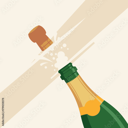 Champagne bottle popping its cork with bubbles and a celebratory splash, an illustration of festive joy.