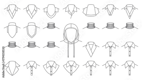 Technical Flat Sketch Collection of Various Fashion Collar Designs