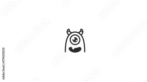 Cute one-eyed monster cartoon character illustration with horns and a happy smile. Simple minimalist outline vector graphic on white background.