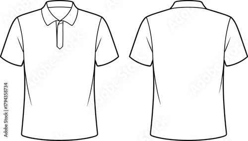 Polo shirt front back view, short sleeve collar button placket design, fashion flat sketch, apparel template, cad drawing flat vector illustration