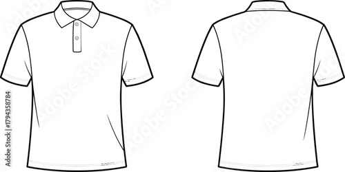 Polo shirt front back view, short sleeve collar placket design, fashion flat sketch, apparel template, cad drawing flat vector illustration