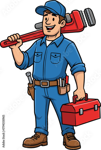 Professional plumber cartoon character with wrench and toolbox, service repair illustration, tradesman worker design, flat vector drawing, plumbing maintenance concept