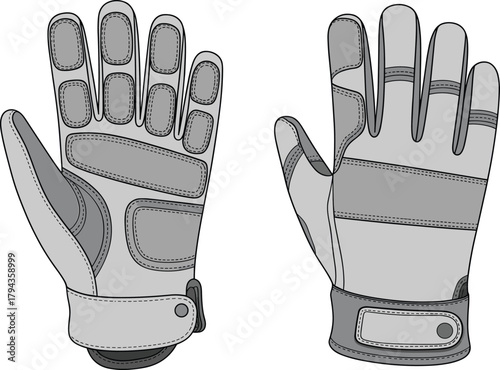 Protective gloves illustration, palm and back view, technical drawing, padded design, reinforced stitching, vector artwork, tactical gear, sports gloves, wrist strap