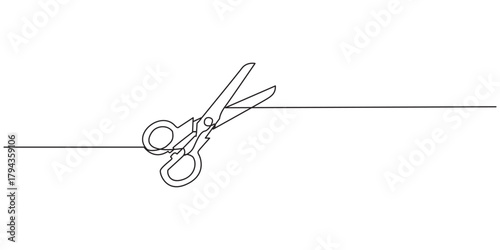 continuous one line drawing of a pair of scissors cutting a thread a tailor or craft tool vector outline sketch, Continuous one line drawing of scissors cutting vector illustration