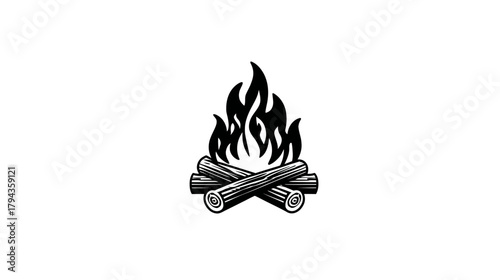 Rustic Hand-Drawn Campfire Icon with Burning Logs and Flames. Vintage Woodcut Style Illustration for Outdoor Adventures.