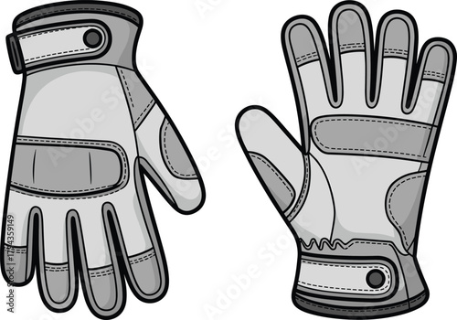 Protective utility gloves illustration, front and back views, reinforced design, tactical gear, heavy-duty stitching, safety equipment, sketch