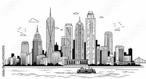 Hand drawn sketch of a modern city skyline with tall skyscrapers.