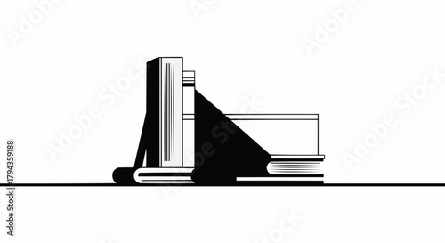 Monochrome Books Stacked with Bookend Illustration.