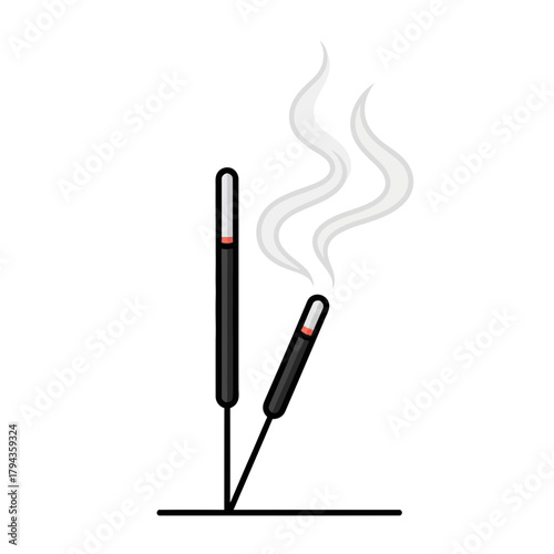 Incense sticks burning with smoke rising softly on white background  
