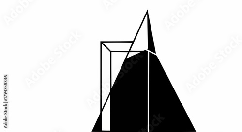 Abstract Geometric Composition - Pyramid and Cube Interplay in Black and White.