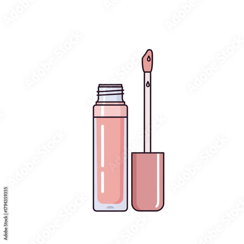 Liquid lip gloss tube with wand applicator on white background  