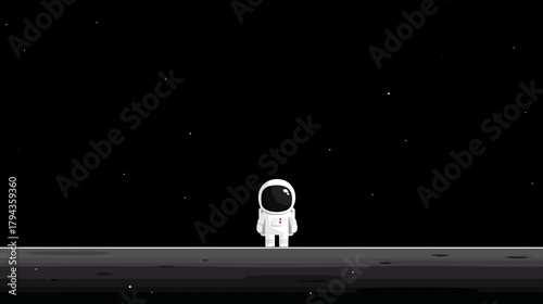 Minimalist cartoon astronaut stands on alien planet surface under vast starry night sky. Space exploration, cosmic adventure.