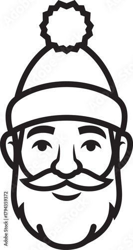 Minimalist line art of a smiling bearded man wearing a winter beanie with a pompom.