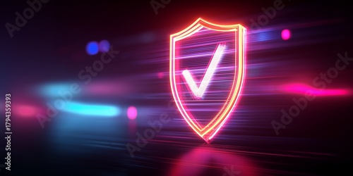 Glowing neon shield with checkmark on dark background with colorful lights, concept for data protection, network security and antivirus software