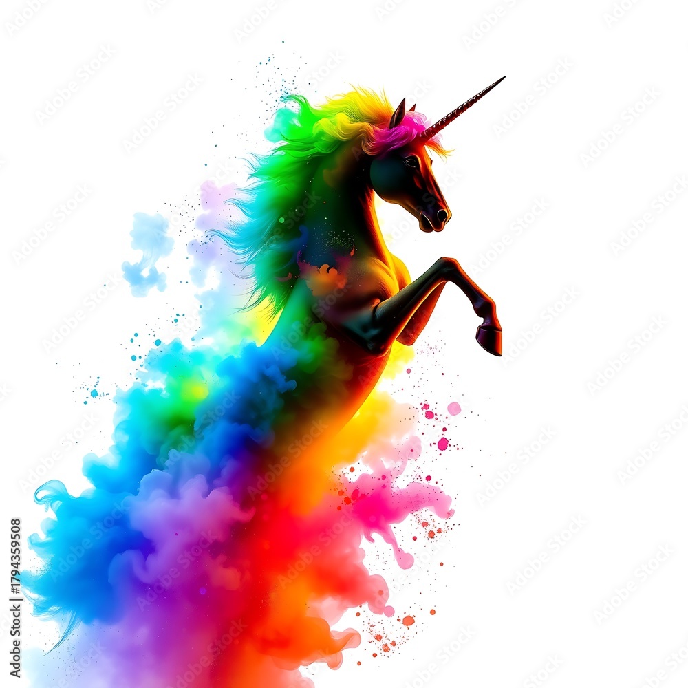 Fototapeta premium Unicorn Emerging from a Swirl of Rainbow Colored Smoke on White Background horse mythical creature