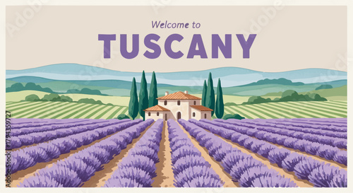 Lavender fields in Tuscany illustration with traditional farmhouse and cypress trees travel banner