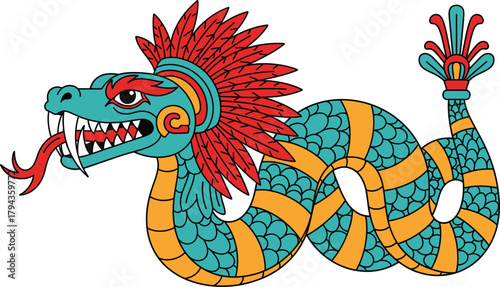 Quetzalcoatl feathered serpent vector, Aztec mythology god illustration, colorful snake dragon design, Mesoamerican culture art, cad drawing flat vector illustration