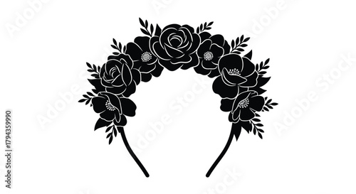 Elegant black floral crown design with detailed roses and foliage