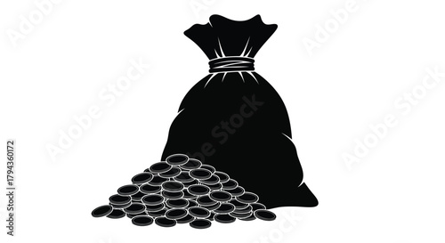 A silhouetted drawing of a bag filled with treasure and gold coins