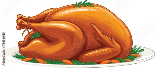 Roasted turkey with herbs and carrots, festive holiday dinner illustration, golden cooked poultry vector, cad drawing flat vector illustration