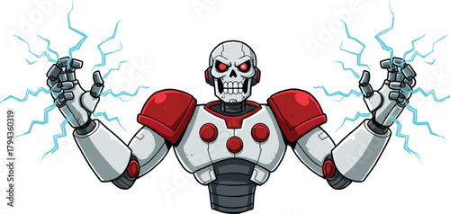 Robotic skeletal warrior, futuristic cyborg monster, glowing red eyes machine, electric power figure, lightning energy humanoid, sci-fi horror illustration design