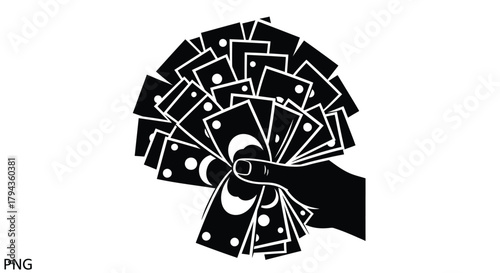 A hand elegantly fans out a deck of playing cards in black and white