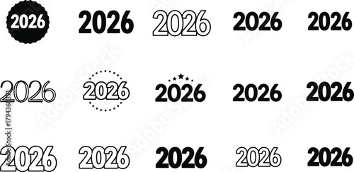 2026 typography logo set, modern minimalist number design collection, creative black and white vector illustration, elegant new year graphic template, trending
