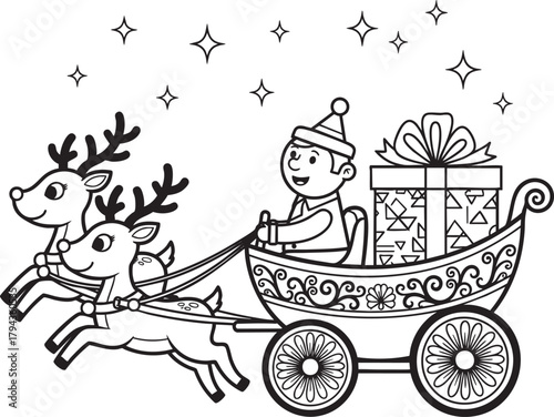 Smiling child in a festive hat riding an ornate wheeled sleigh pulled by two flying reindeer with a large gift.