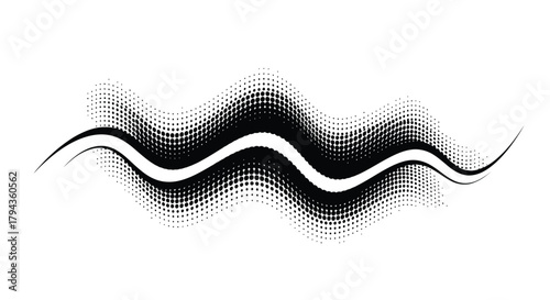 Abstract wave design with halftone dots and flowing black line illustration
