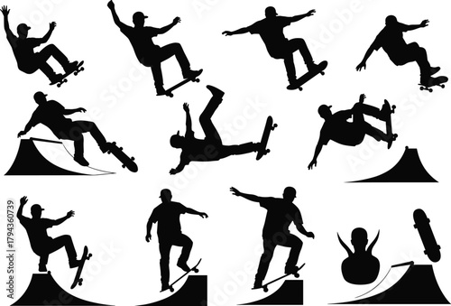 Skateboarding silhouettes, extreme sports action, ramp tricks, urban style, dynamic movement, youth culture, black figures, skate park, flips, grinds