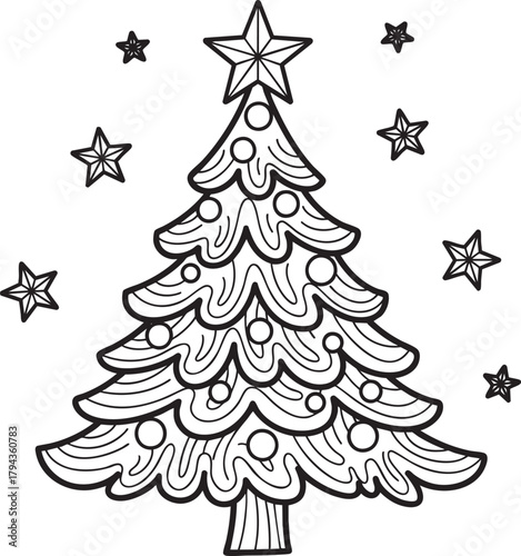 Stylized black and white Christmas tree with a star topper round ornaments and wavy branches.