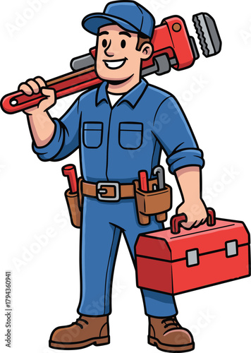 Cartoon plumber holding wrench and toolbox, professional tradesman illustration, plumbing repair service design, flat vector drawing, maintenance worker character concept