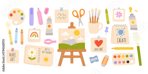 Set of painting art tools with paint, crayons, brushes, and inspirational quotes. Flat hand drawn vector illustration