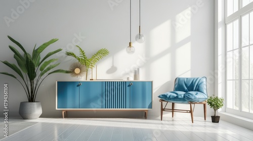 Bright modern living room features a blue cabinet, a comfy blue chair, and green plants against a white wall.