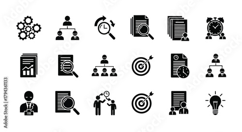 Business icons depicting teamwork time management research and strategic planning