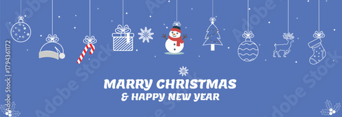 Light blue Christmas banner with hanging ornament balls and detailed festive icons for happy new year greeting.
