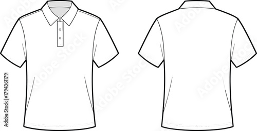Short sleeve polo shirt front and back view, classic collar fashion sketch, vector apparel template, casual clothing design illustration