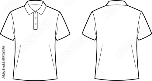 Short sleeve polo shirt front back view, classic collar sketch, fashion flat drawing, garment template, cad drawing flat vector illustration